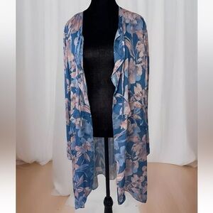 Lori Goldstein Top Kimono Topper Duster XL Blue Sheer Striped Floral Open Front